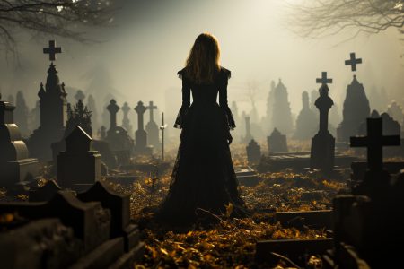 A spooky night, one person walks among tombstones in darkness generated by artificial intellingence